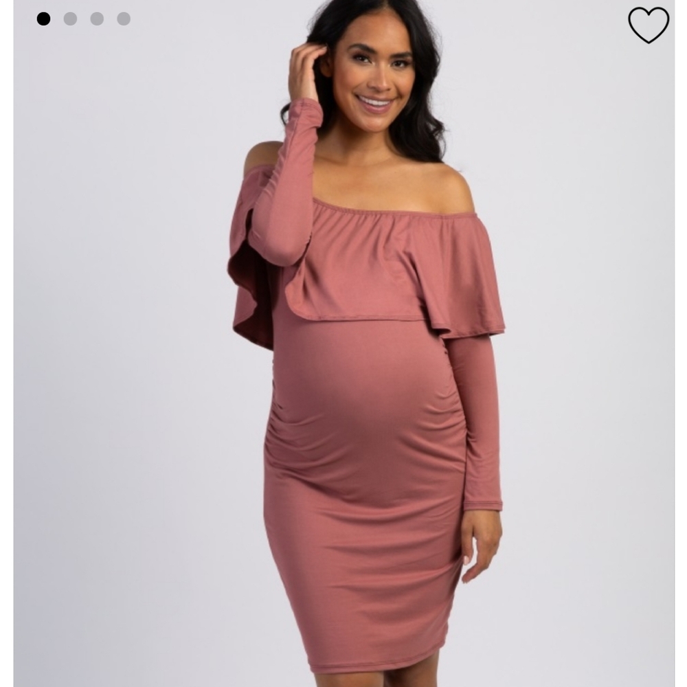 Mauve ruffle trim off shoulder maternity dress